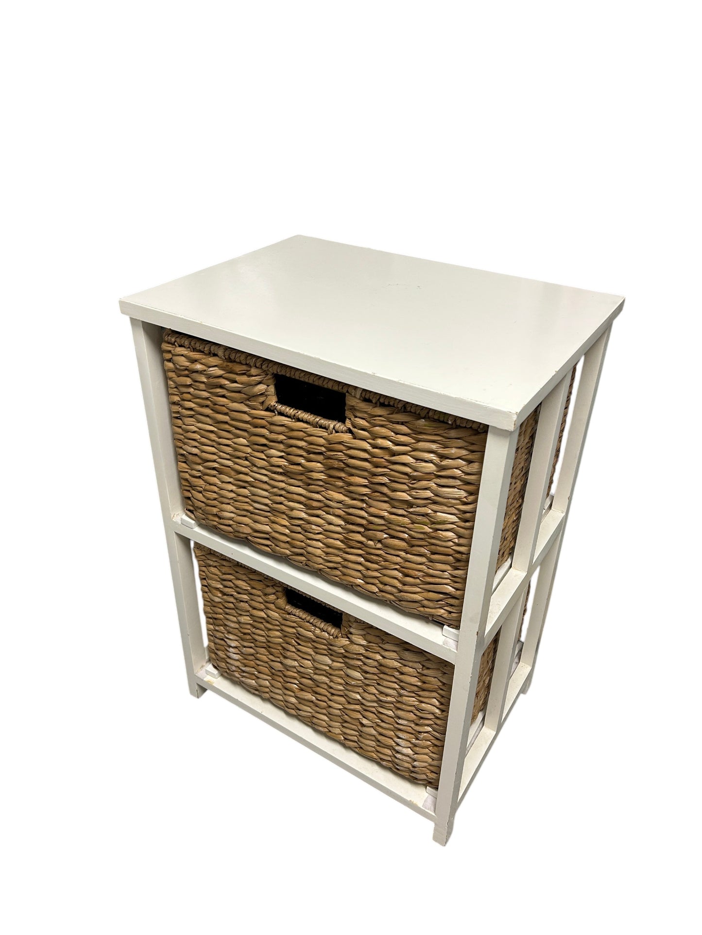 White 2 tier wooden storage unit with woven natural baskets.