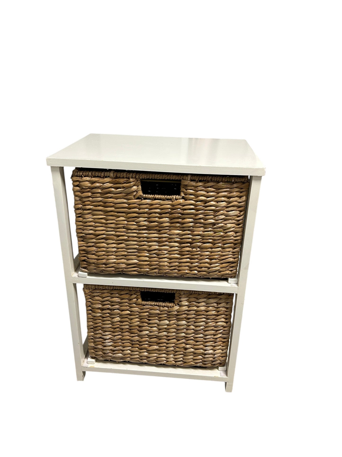 White 2 tier wooden storage unit with woven natural baskets.