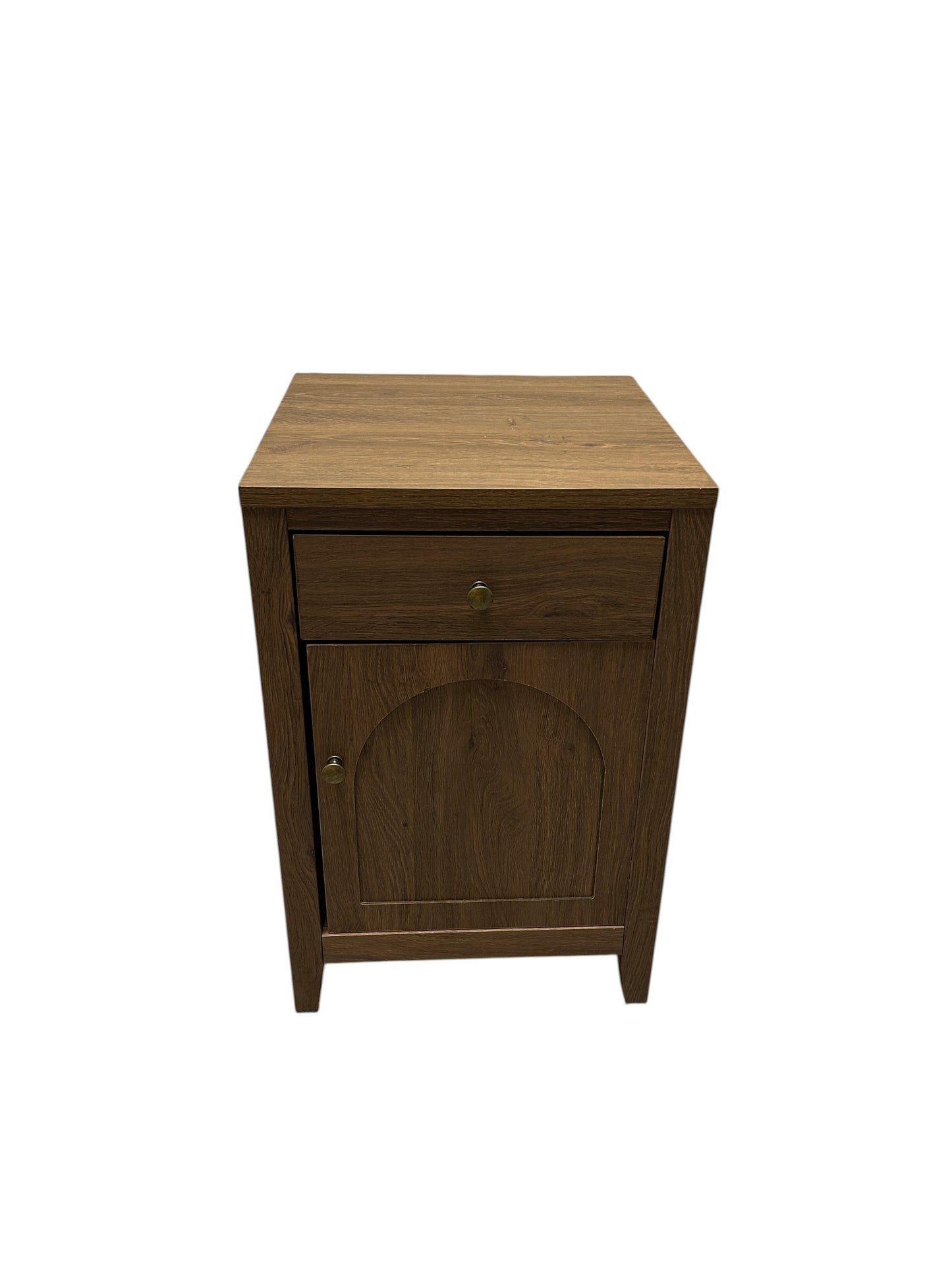 Wooden nightstand with one drawer and one cabinet door.