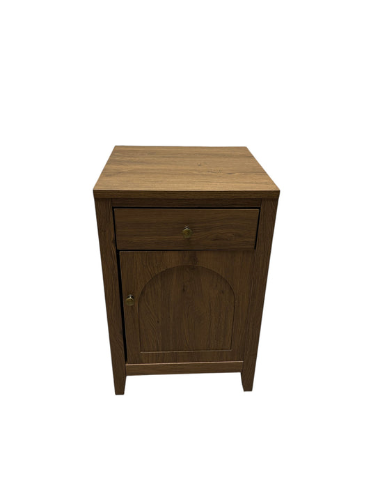 Wooden nightstand with one drawer and one cabinet door.
