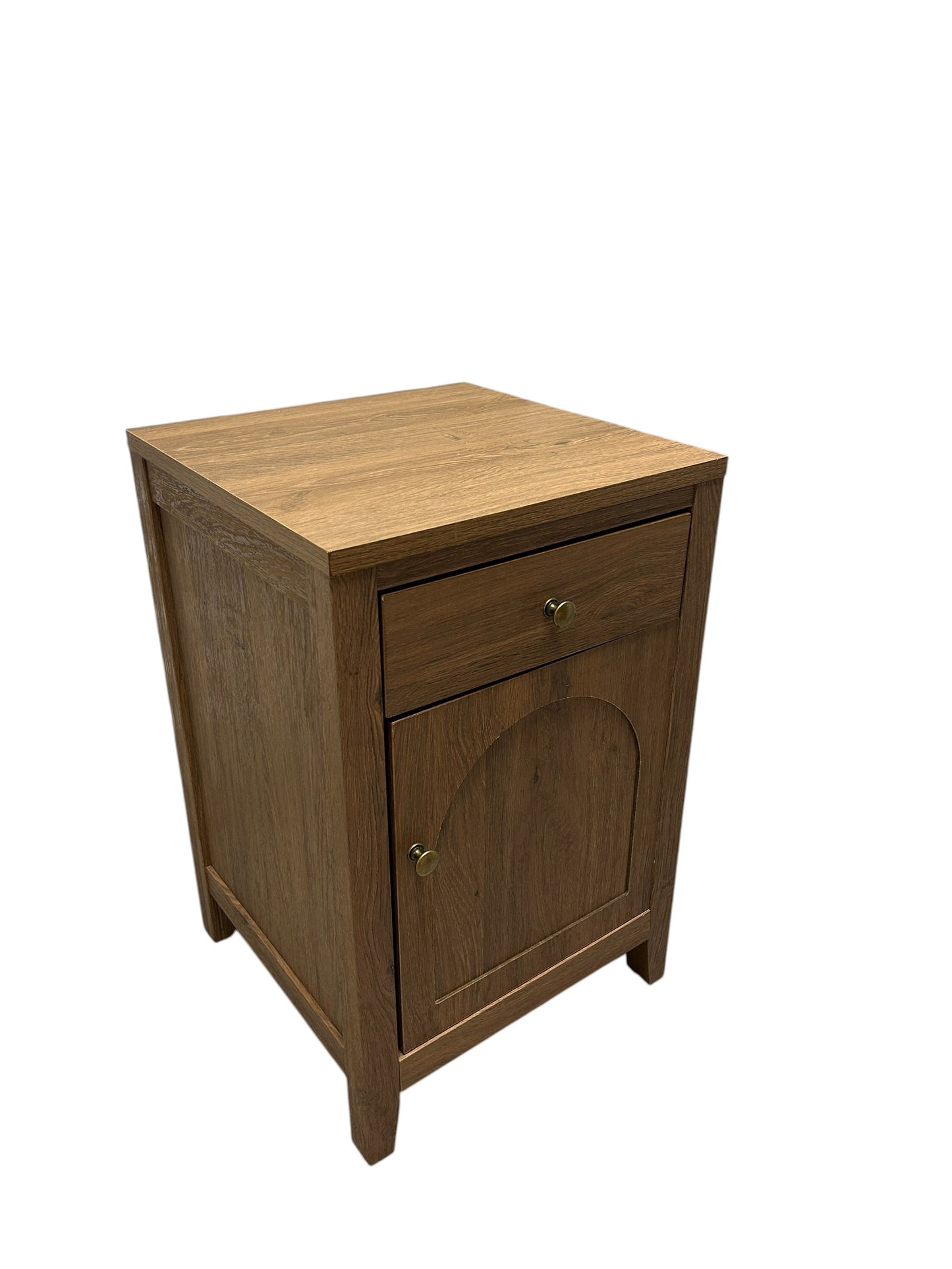 Wooden nightstand with one drawer and one cabinet door.