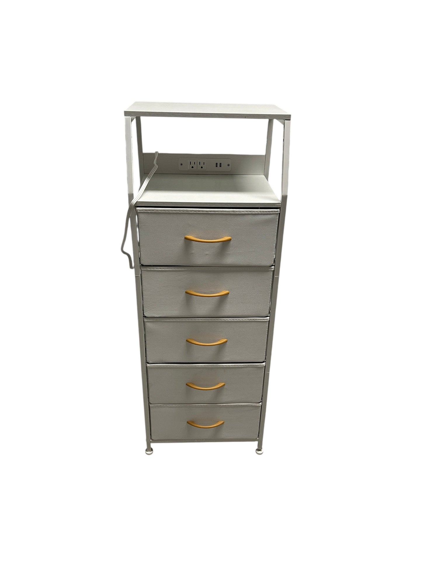 White nightstand with 5 drawers and power outlets.