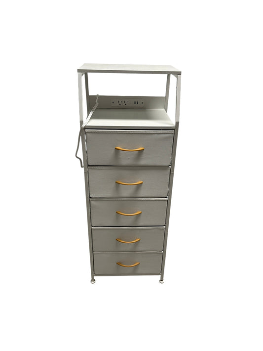 White nightstand with 5 drawers and power outlets.