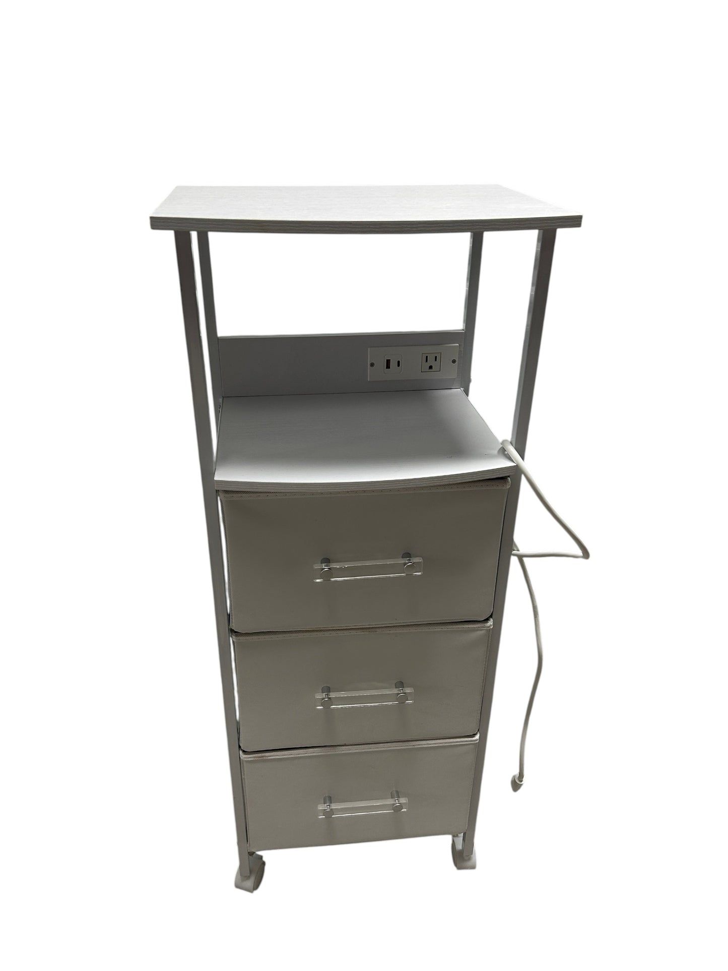 Dormify white nightstand with 3 drawers and power outlets.