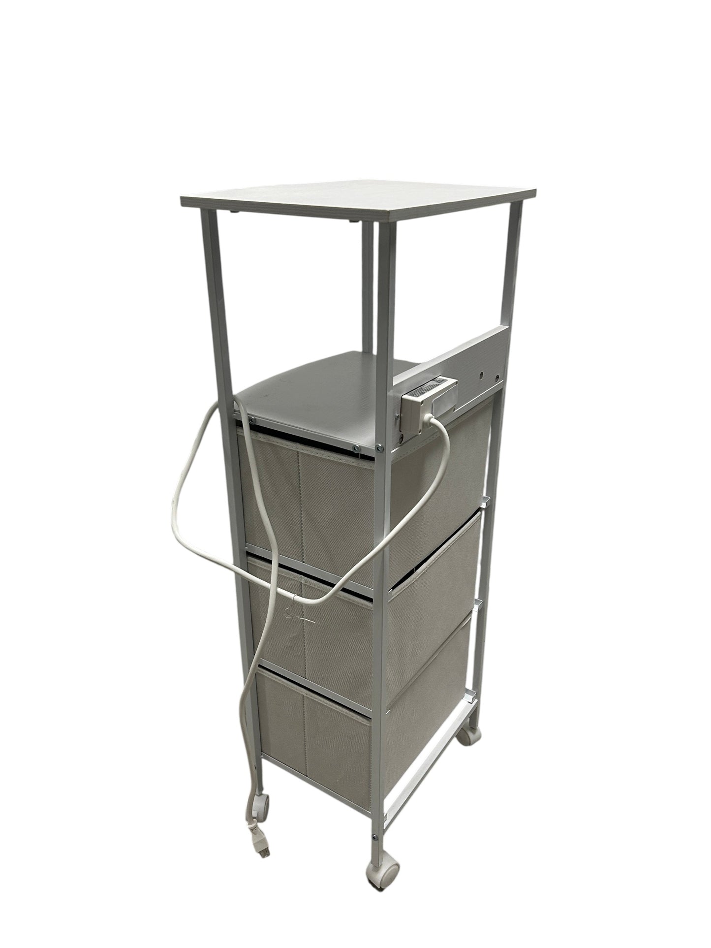 Dormify white nightstand with 3 drawers and power outlets.