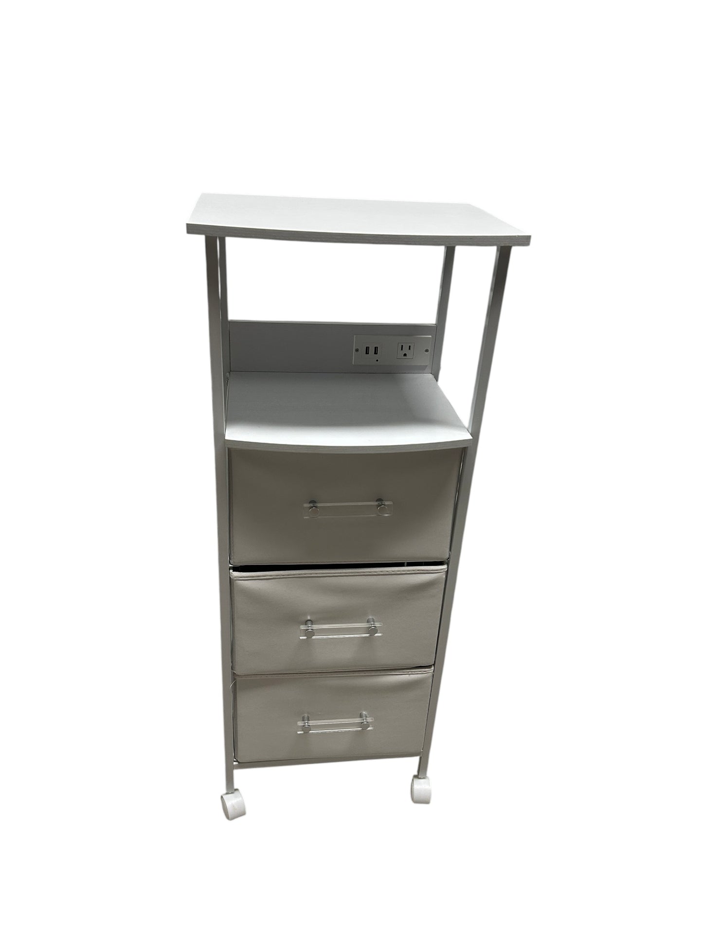 Dormify white nightstand with 3 drawers and power outlets.