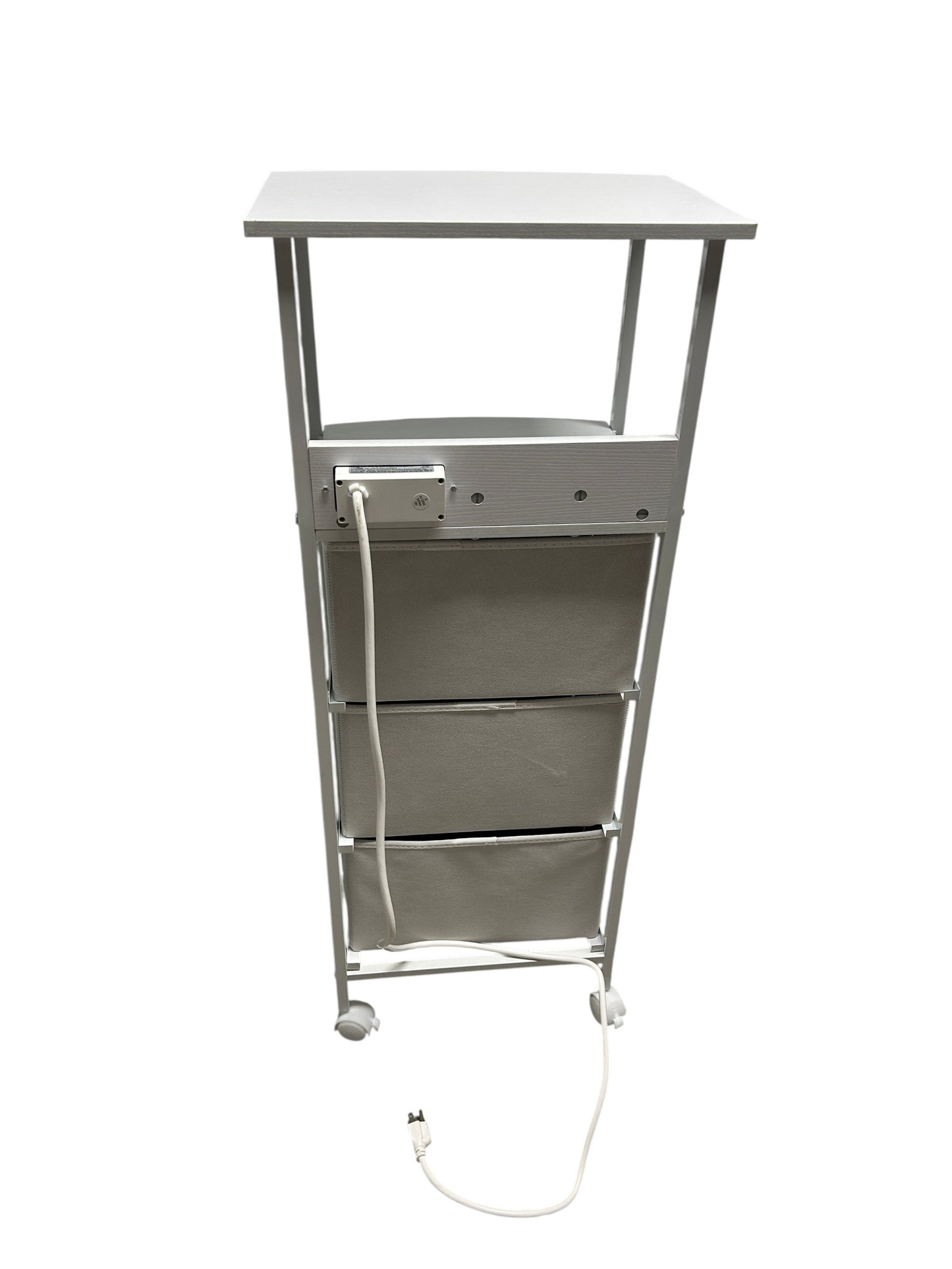 Dormify white nightstand with 3 drawers and power outlets.