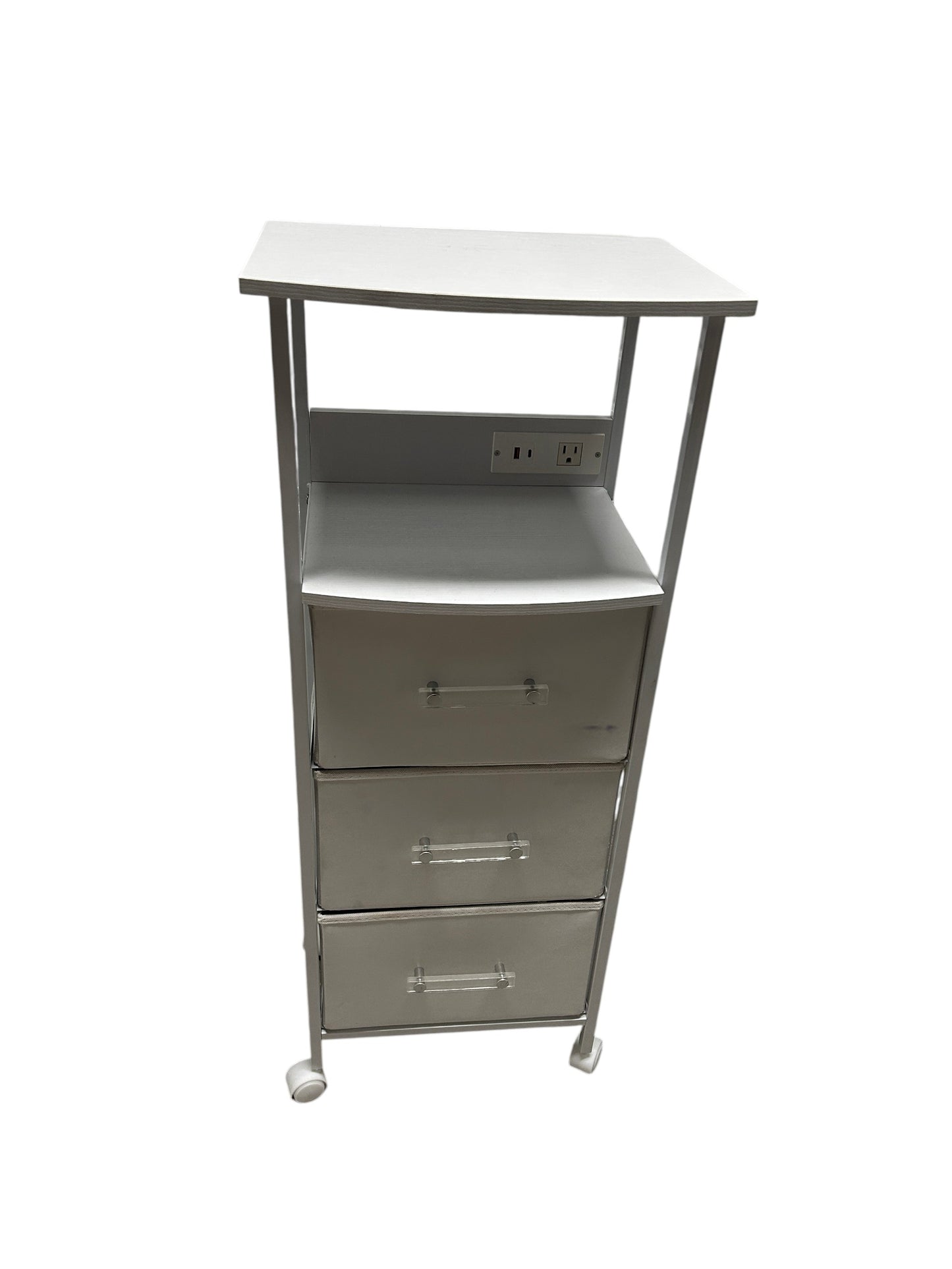 Dormify white nightstand with 3 drawers and power outlets.