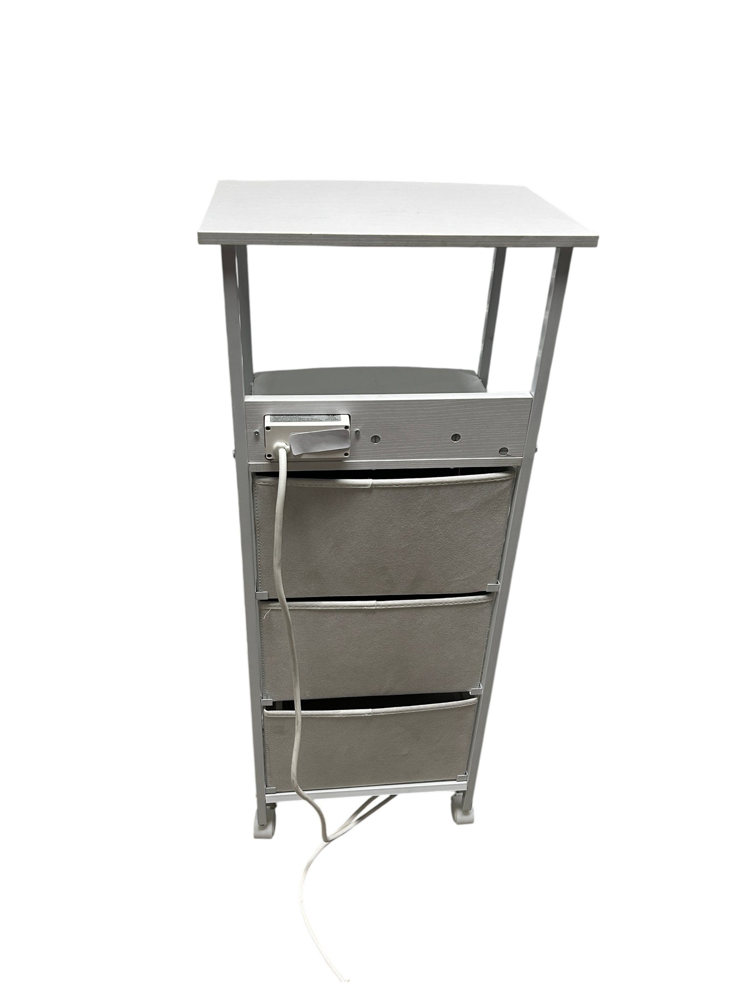Dormify white nightstand with 3 drawers and power outlets.