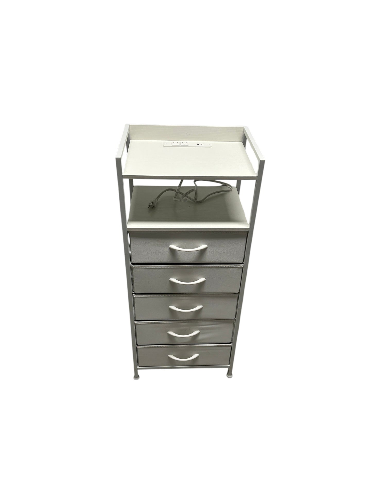 White nightstand with 5 drawers and power outlets.
