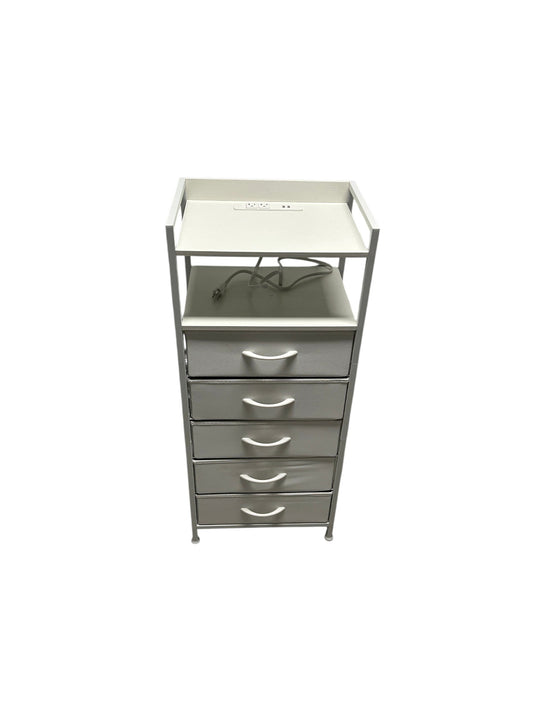White nightstand with 5 drawers and power outlets.