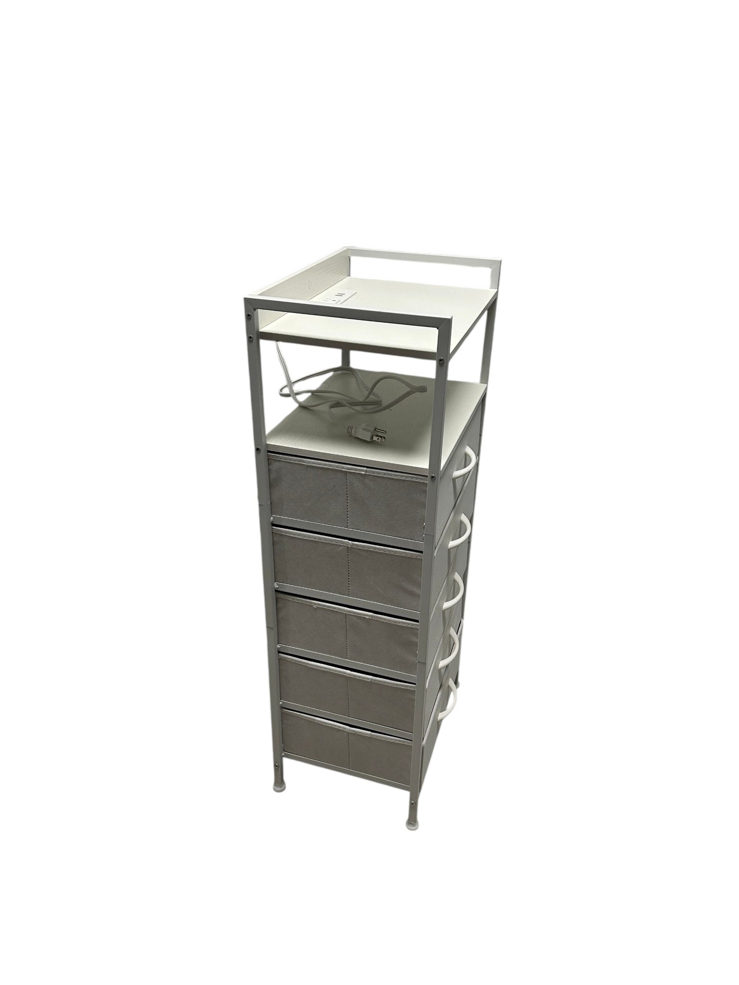 White nightstand with 5 drawers and power outlets.