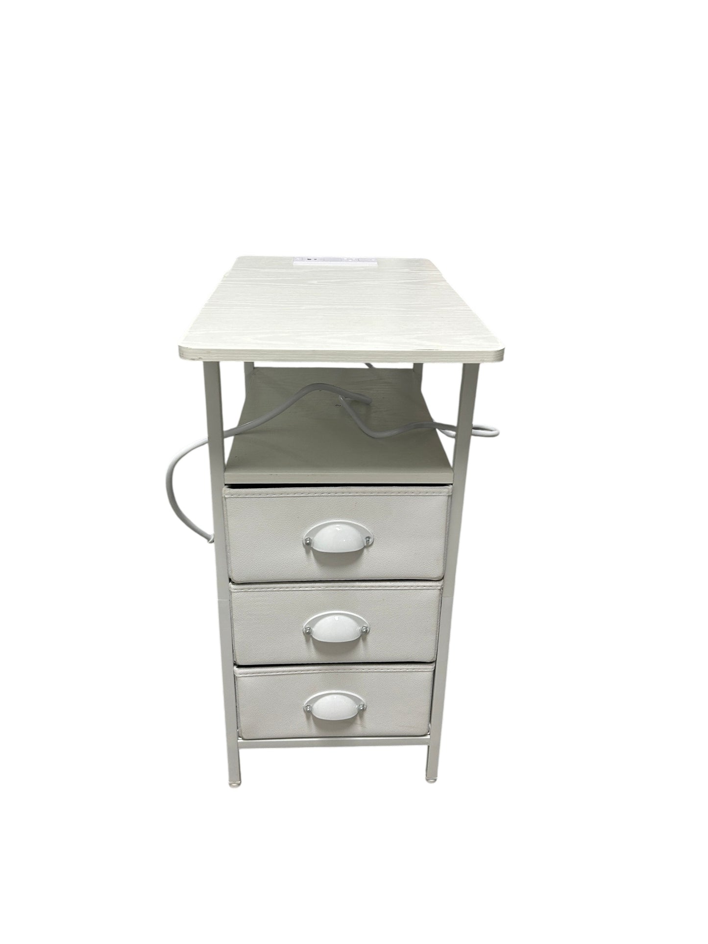 Wayfair white side table with 3 drawers and power outlets.