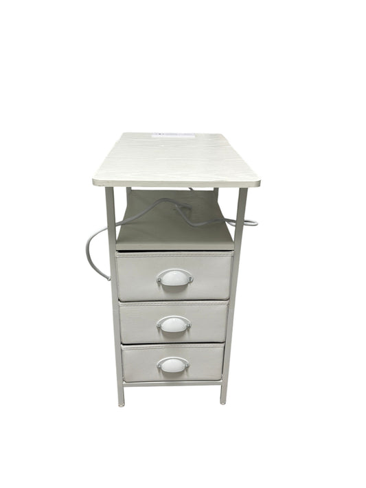 Wayfair white side table with 3 drawers and power outlets.