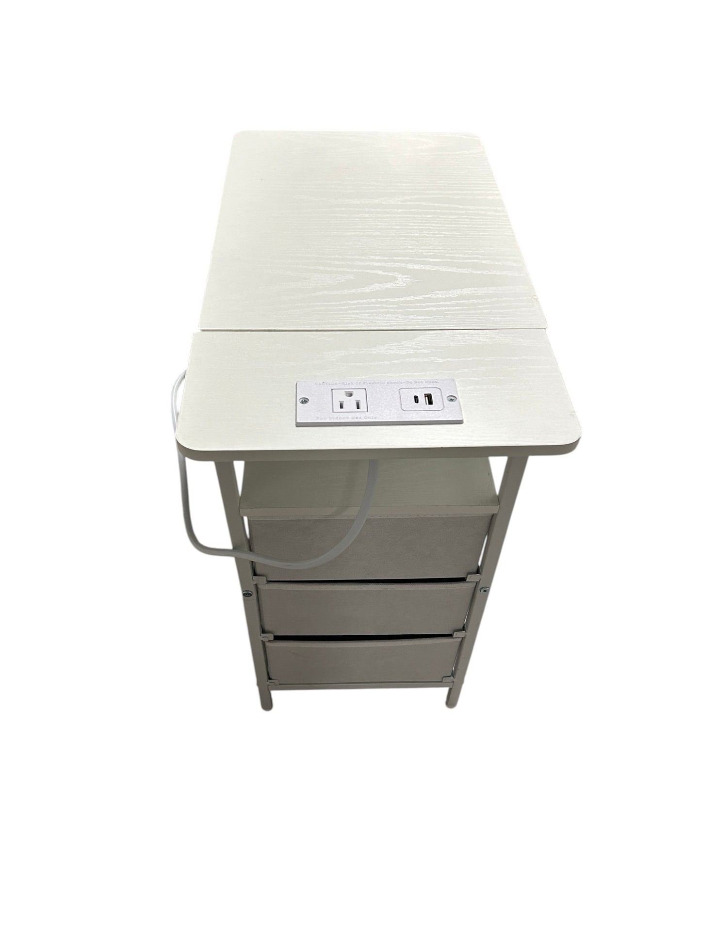 Wayfair white side table with 3 drawers and power outlets.