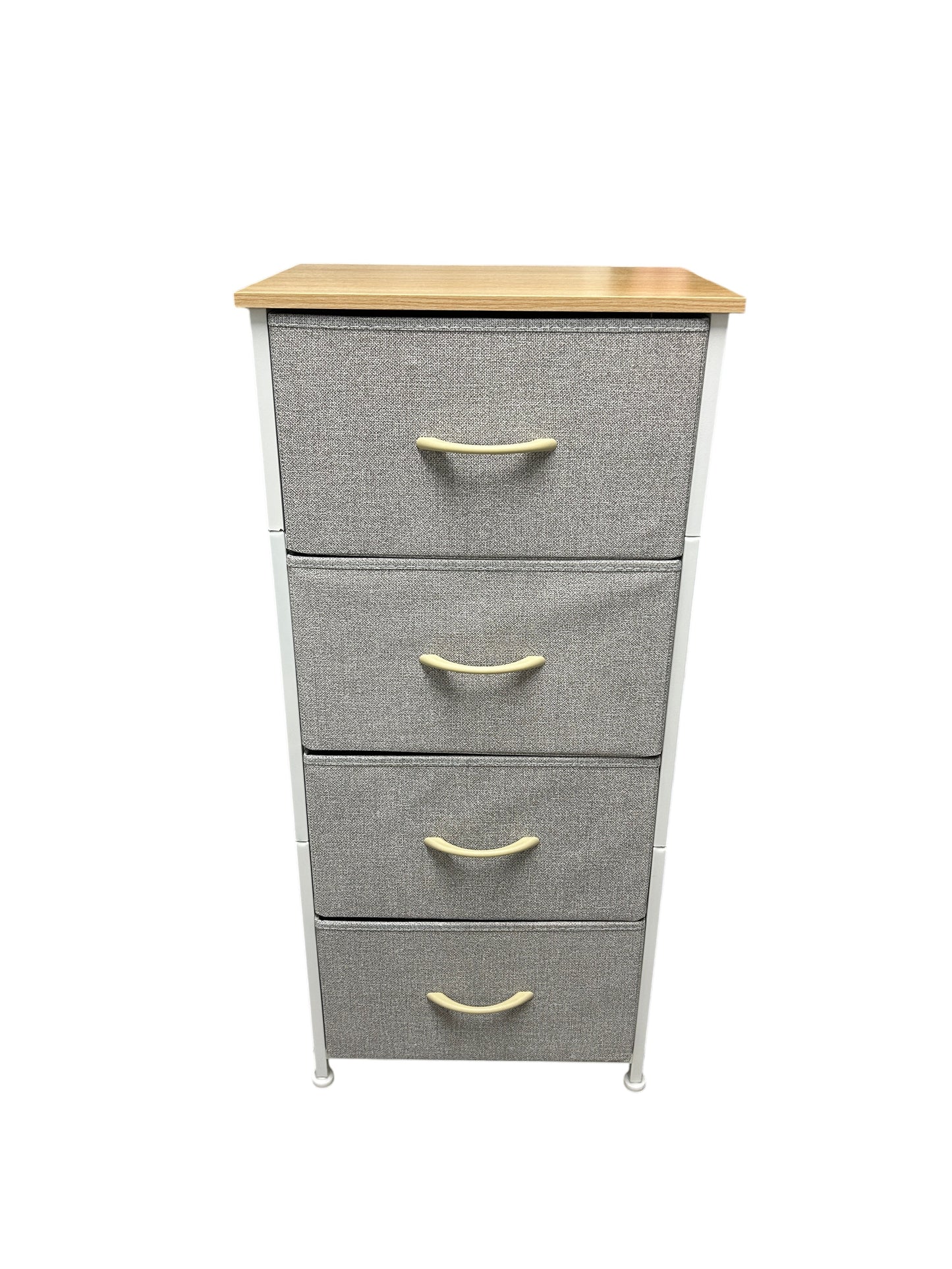 Natural wood and gray nightstand with 4 drawers.