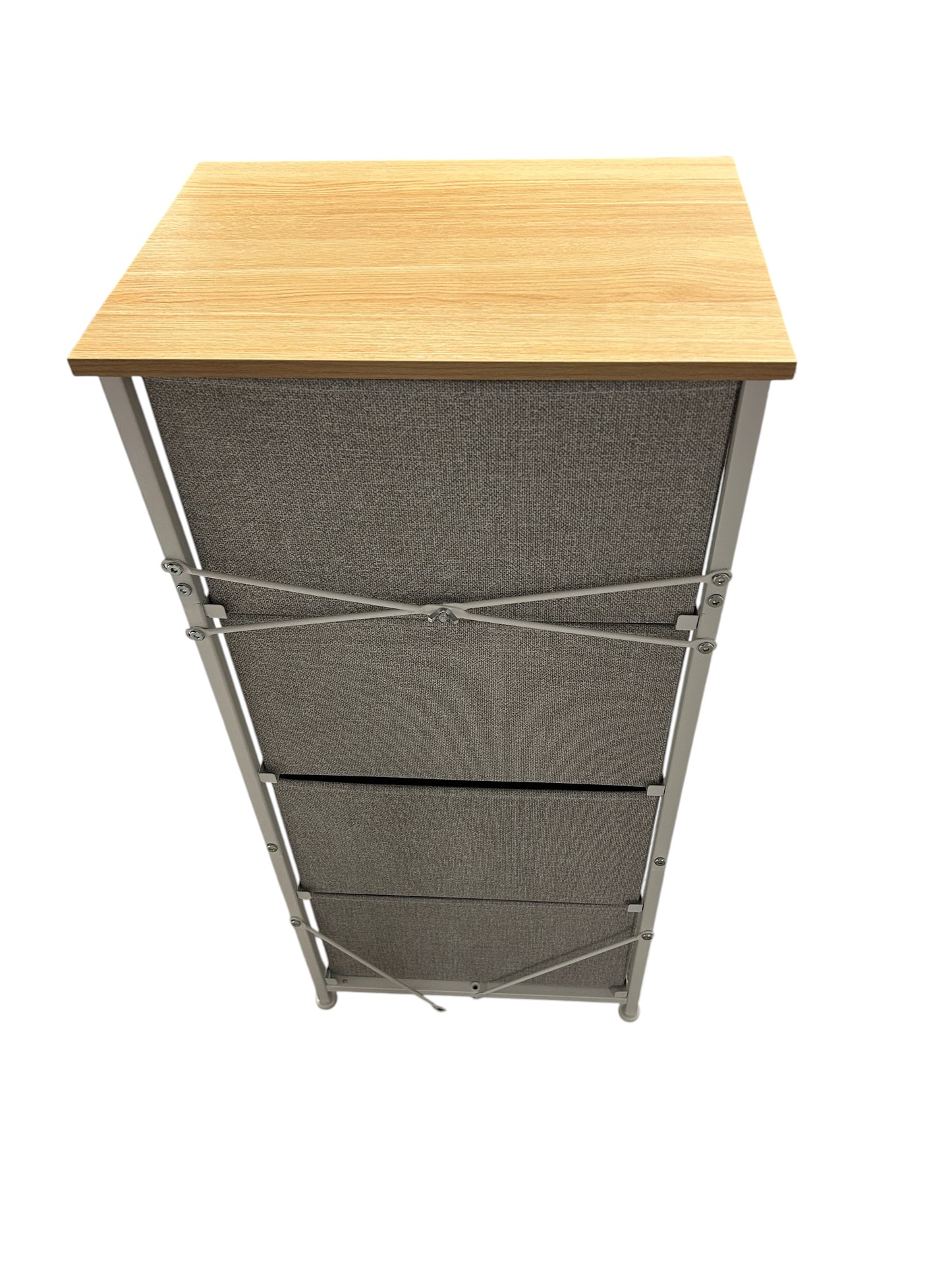 Natural wood and gray nightstand with 4 drawers.