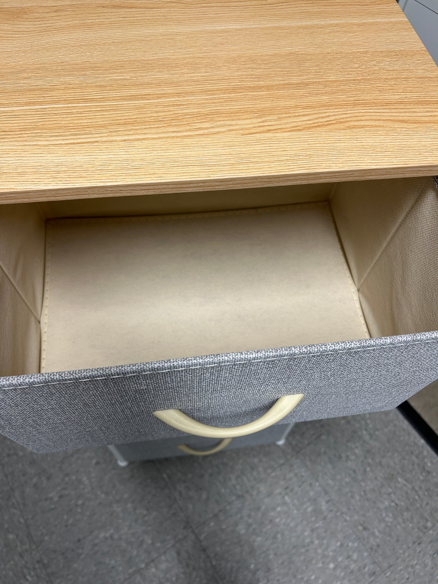 Natural wood and gray nightstand with 4 drawers.