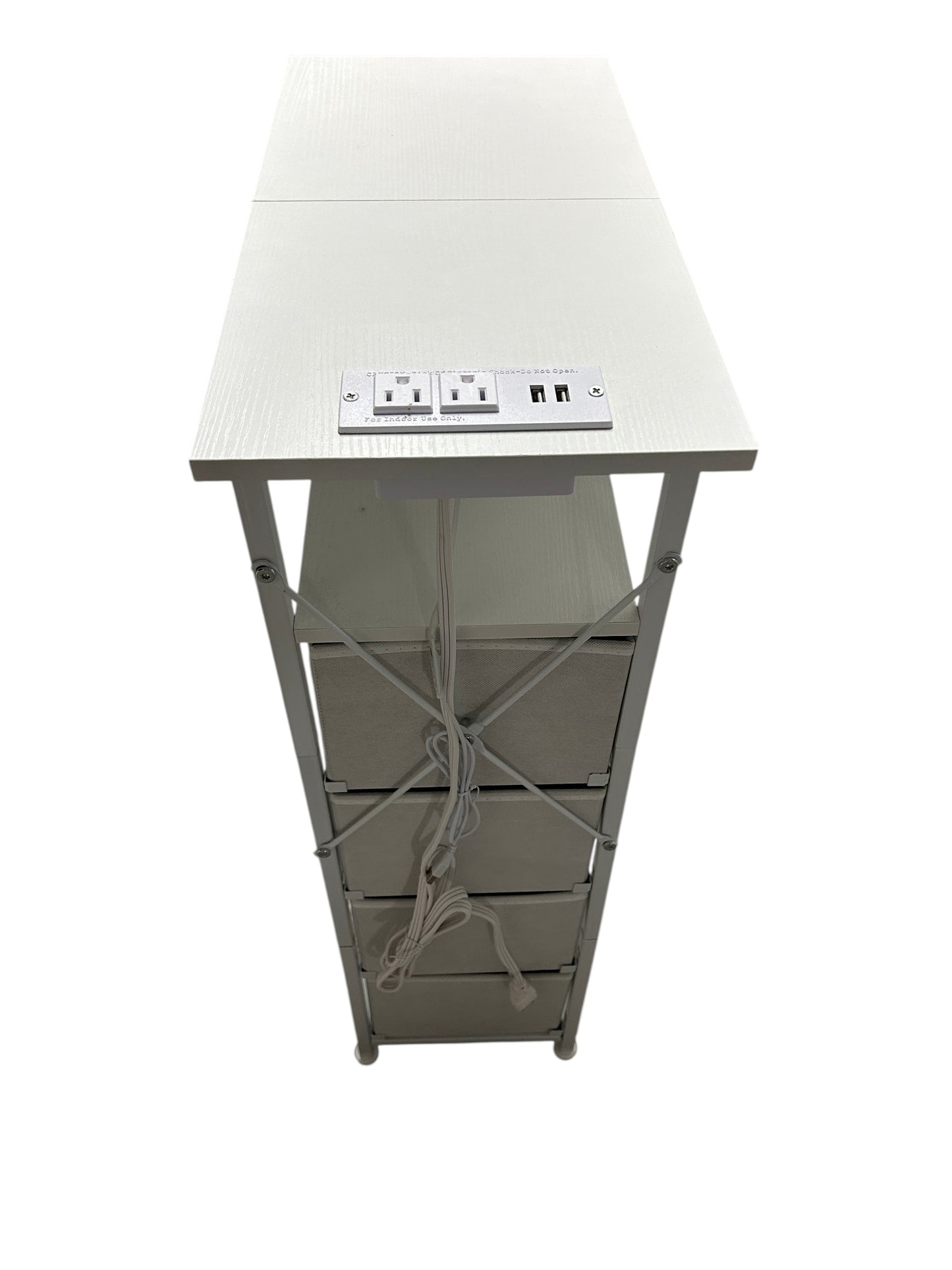 White nightstand with 4 drawers and power outlets.