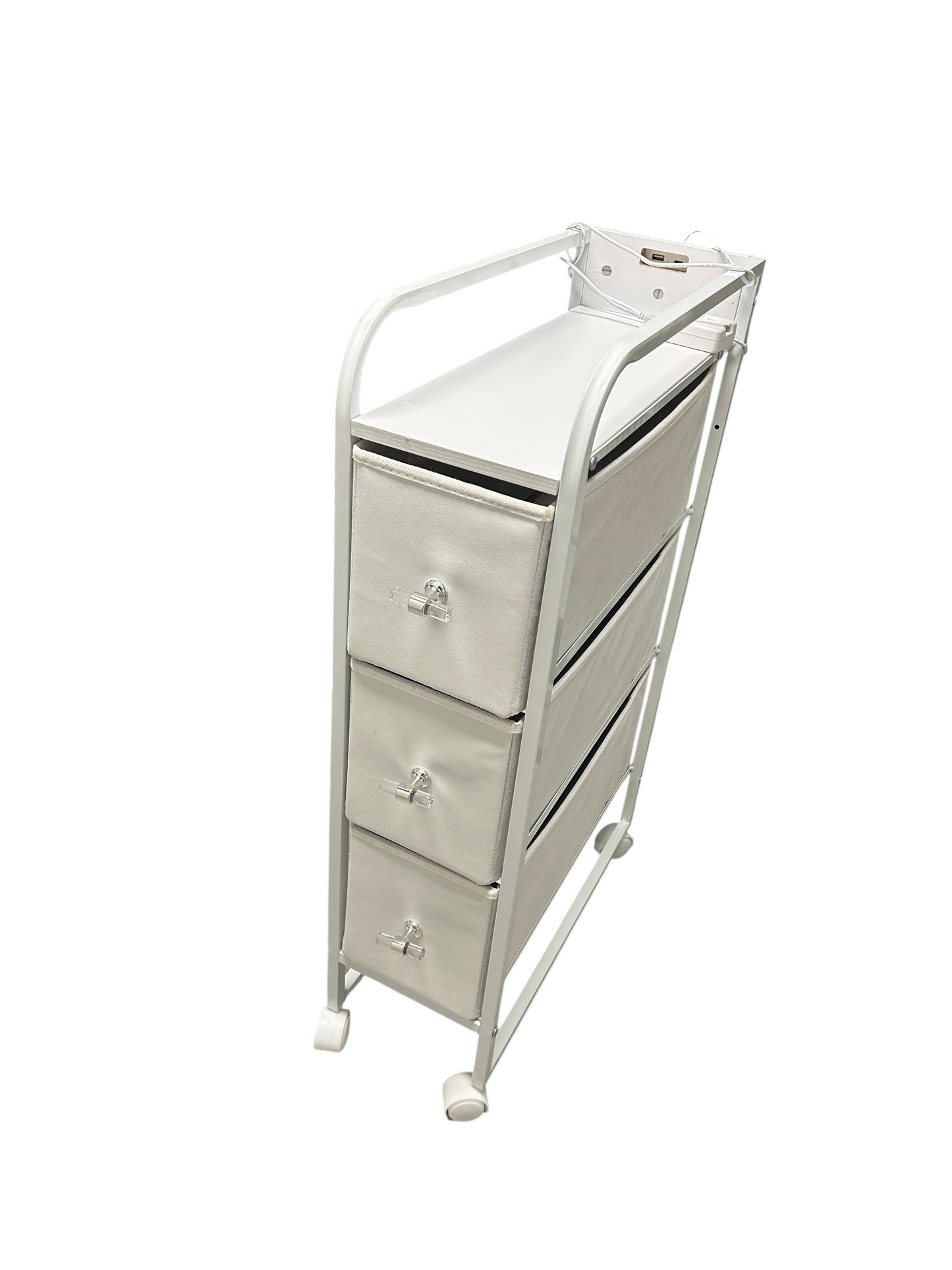 Dormify white nightstand cart with 3 drawers and power outlets.
