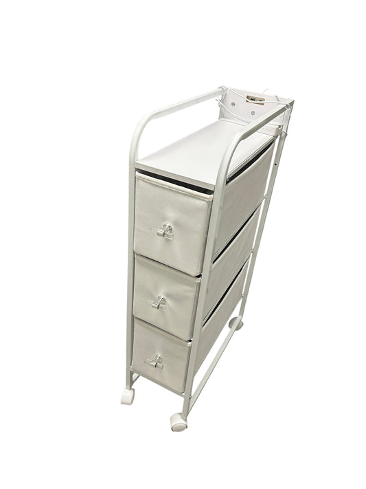 Dormify white nightstand cart with 3 drawers and power outlets.