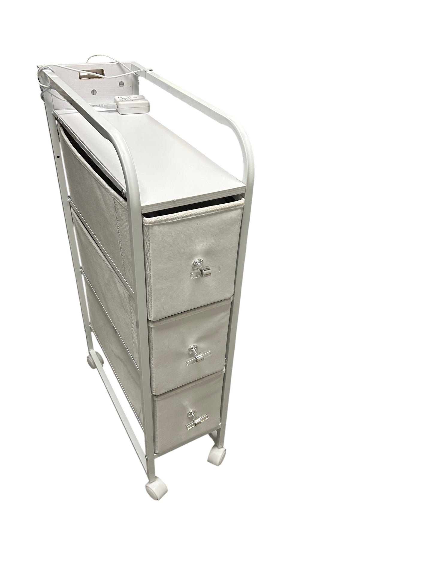 Dormify white nightstand cart with 3 drawers and power outlets.