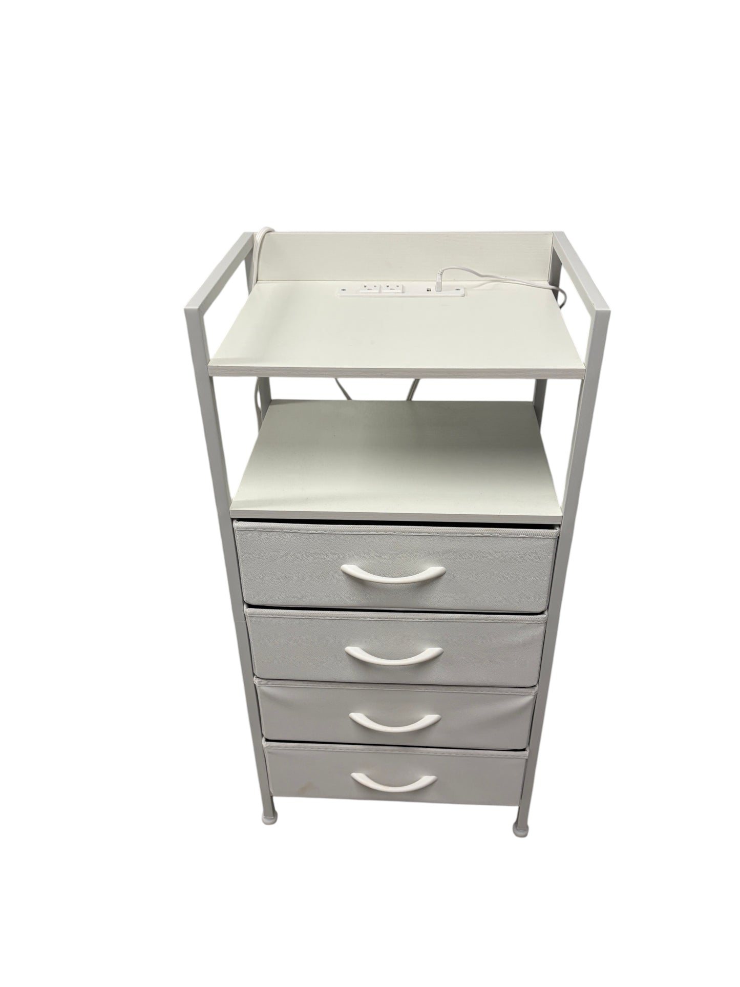 White nightstand with 4 drawers and power outlets.