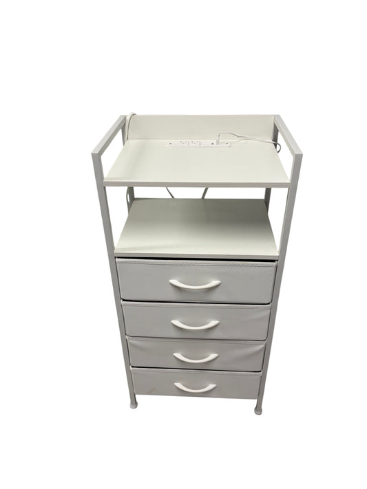 White nightstand with 4 drawers and power outlets.