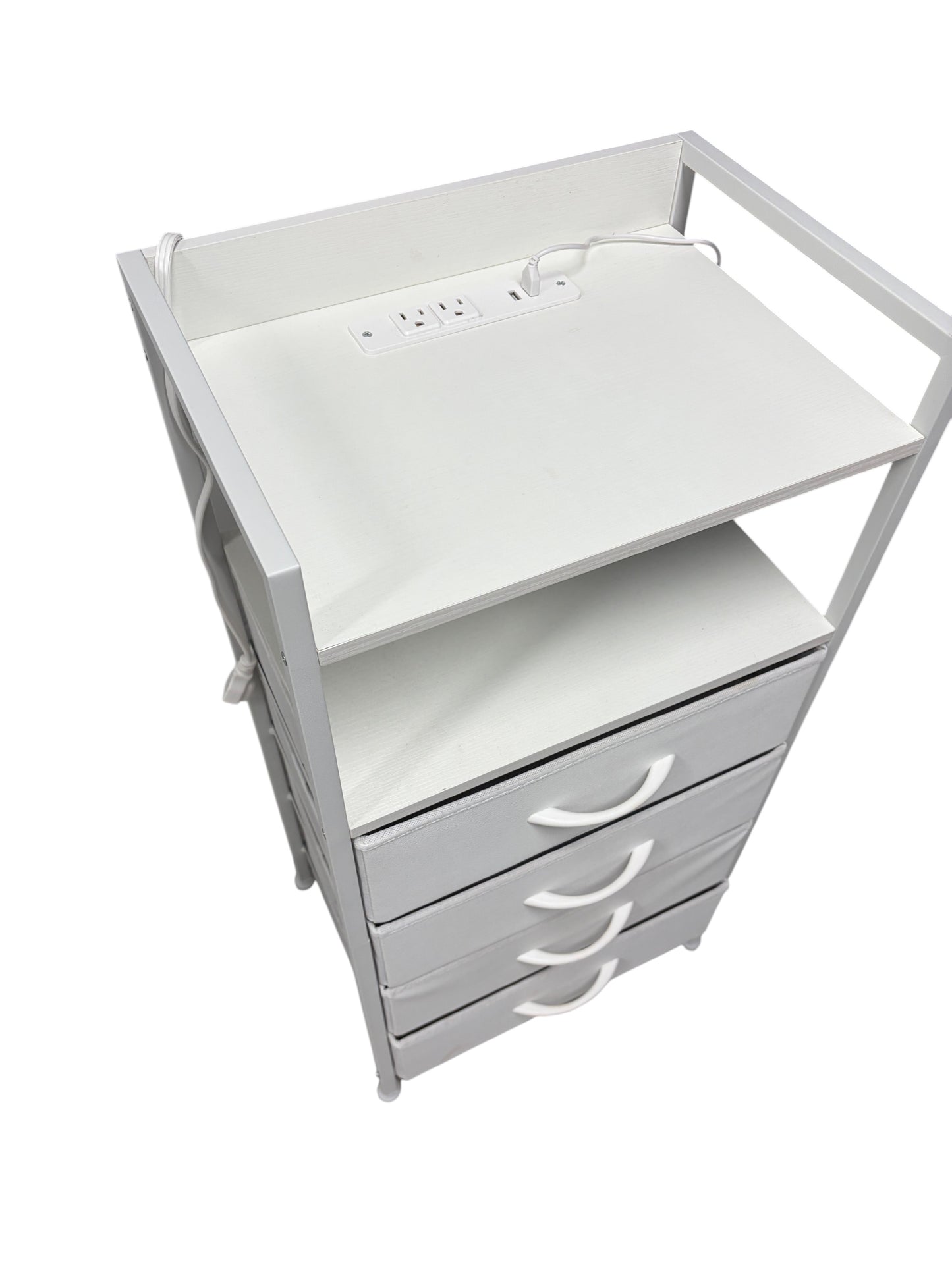 White nightstand with 4 drawers and power outlets.