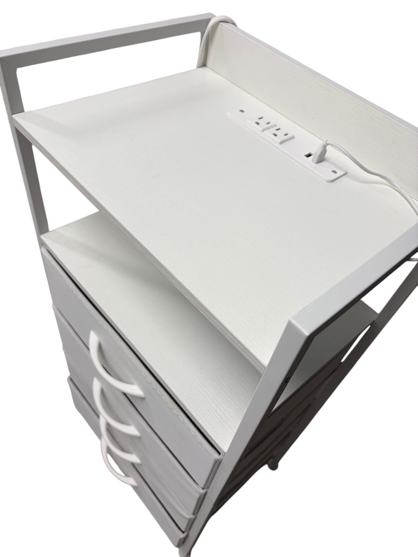 White nightstand with 4 drawers and power outlets.