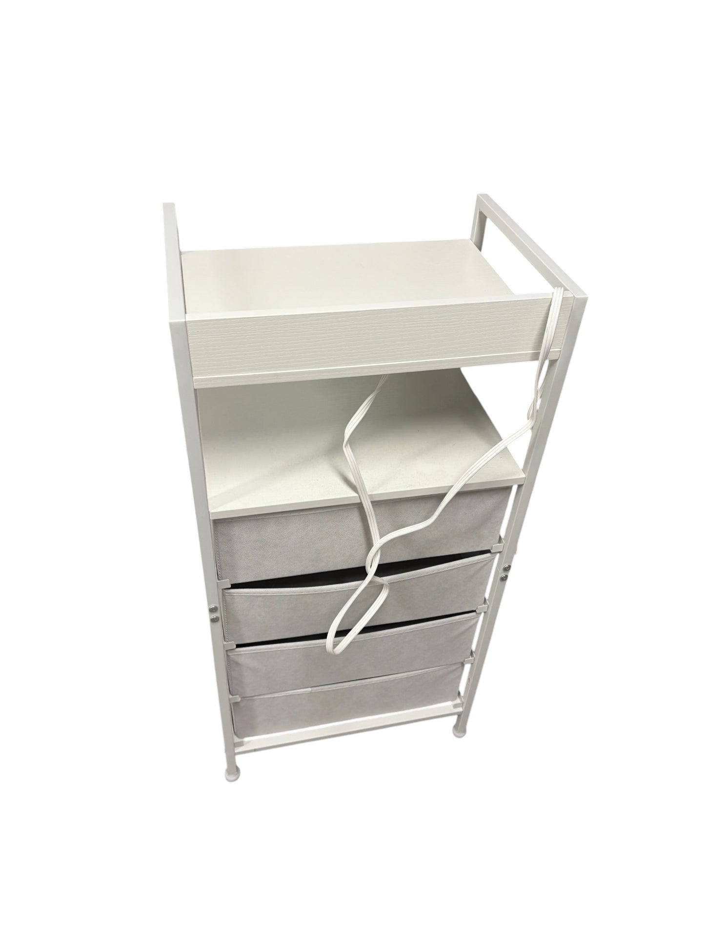 White nightstand with 4 drawers and power outlets.