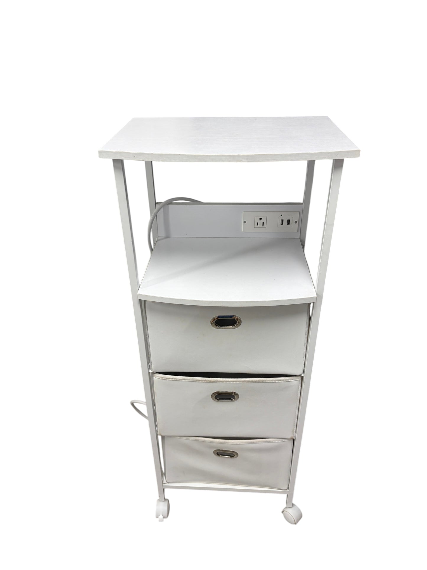 Dormify white nightstand with 3 drawers and power outlets.