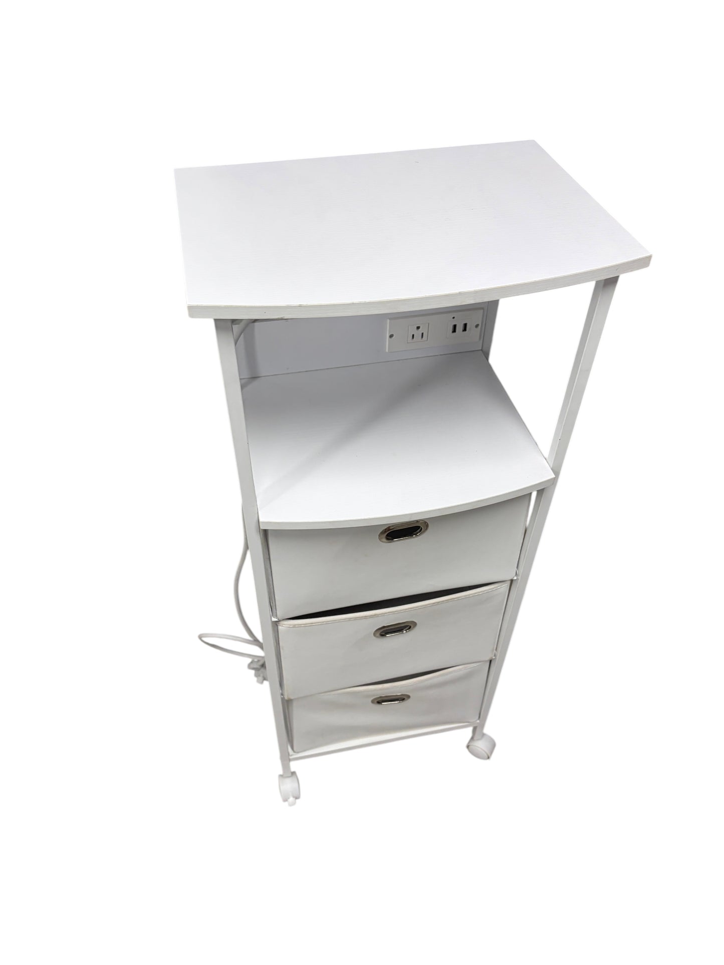 Dormify white nightstand with 3 drawers and power outlets.