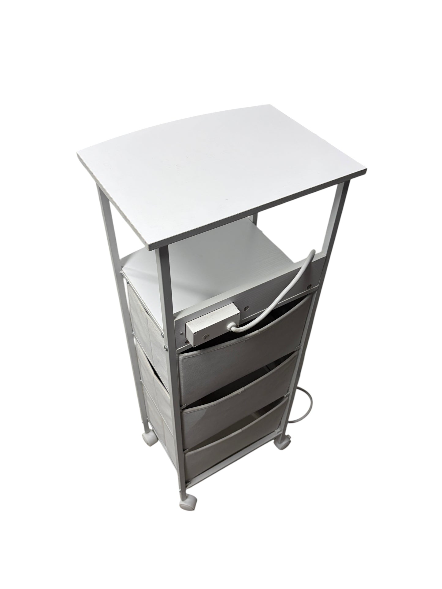 Dormify white nightstand with 3 drawers and power outlets.