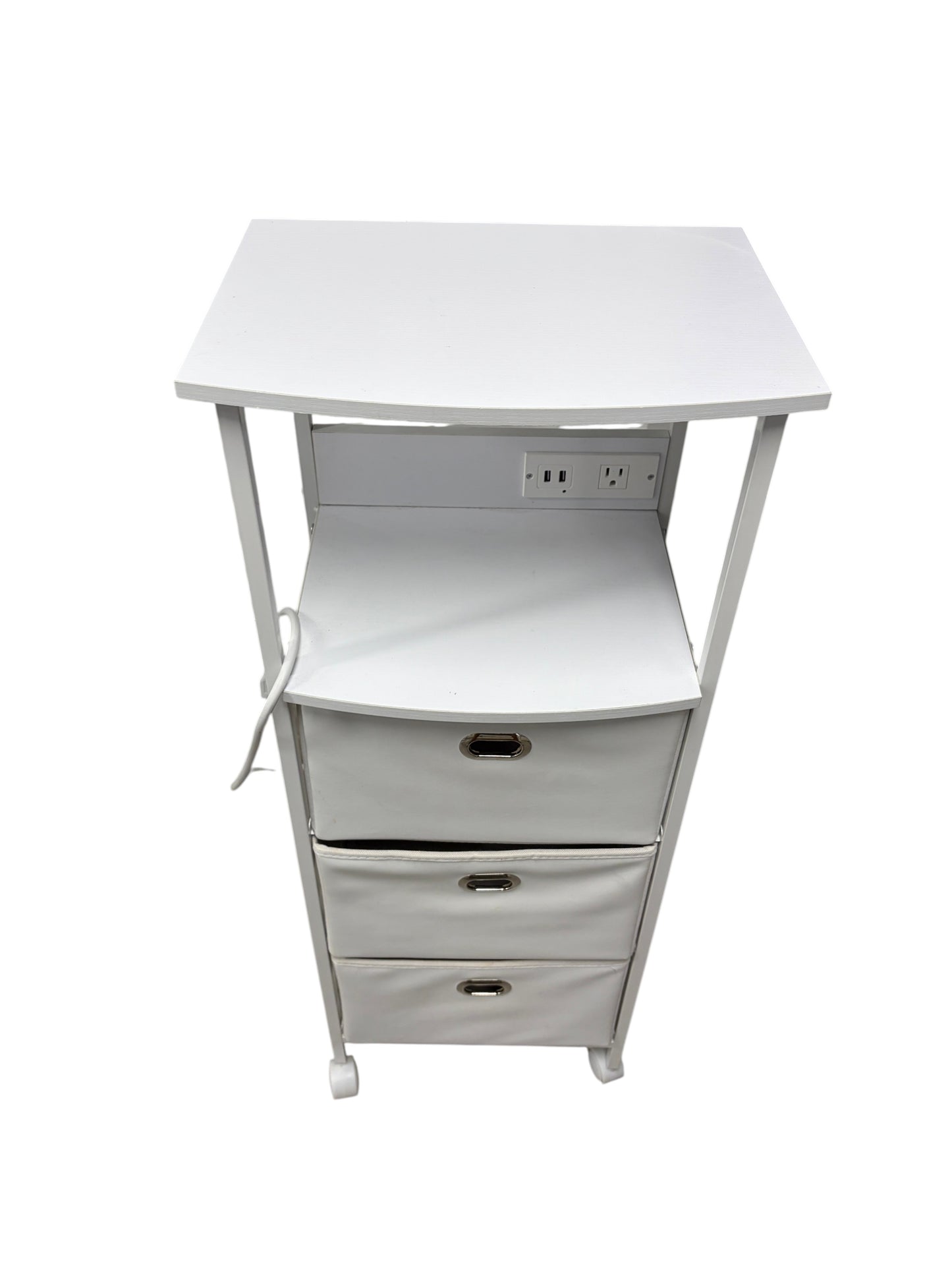 Dormify white nightstand with 3 drawers and power outlets.