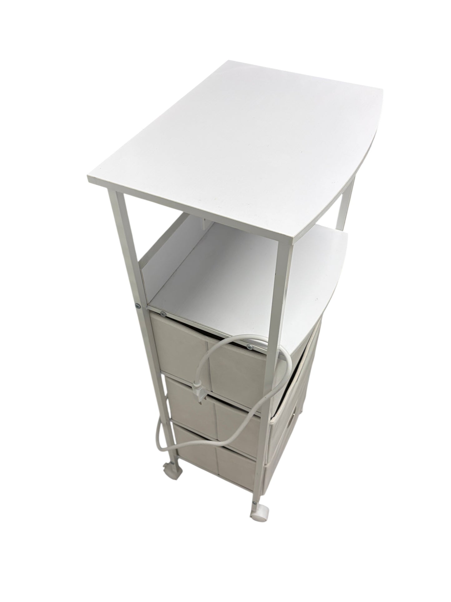 Dormify white nightstand with 3 drawers and power outlets.