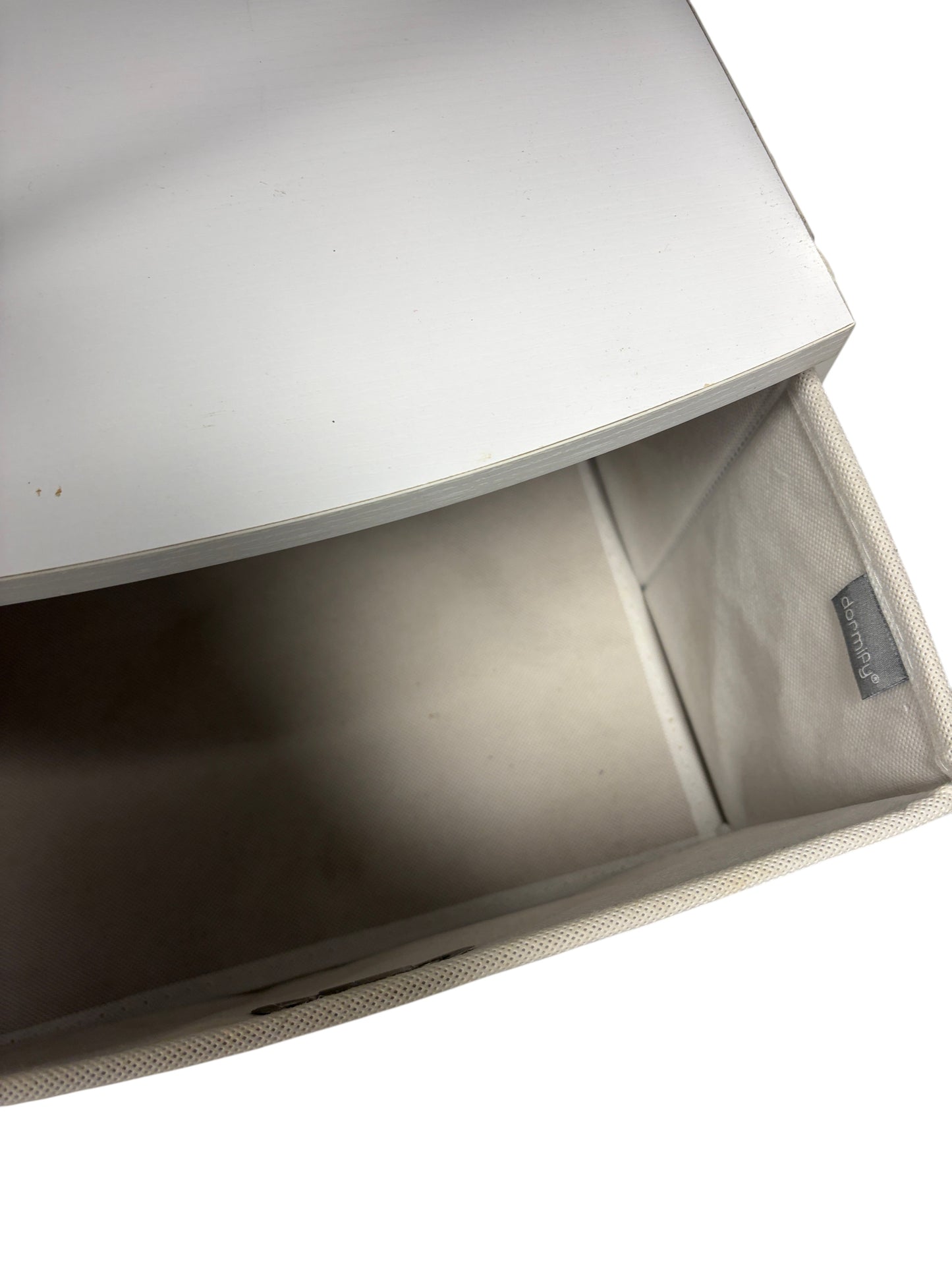 Dormify white nightstand with 3 drawers and power outlets.