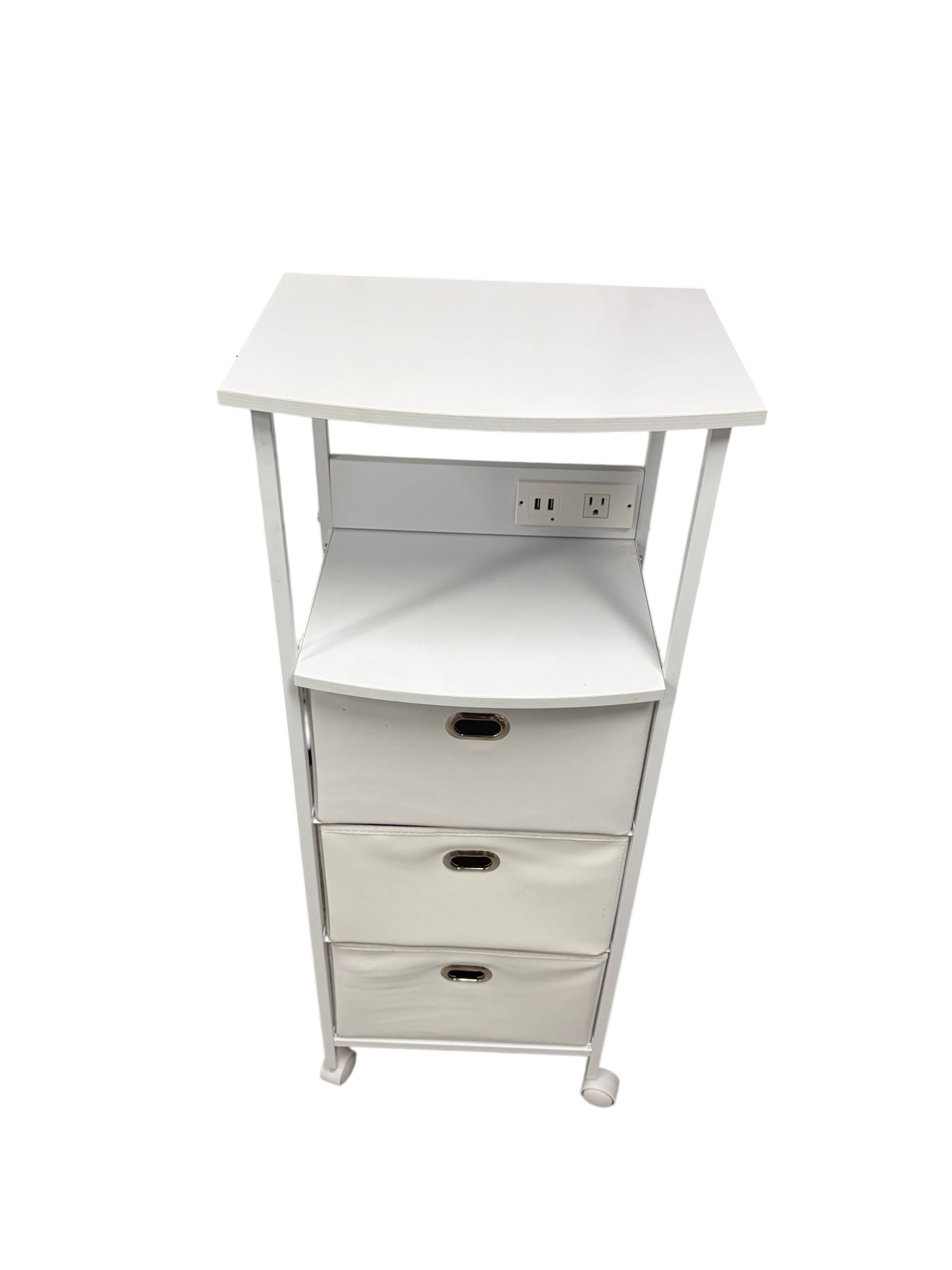 Dormify white nightstand with 3 drawers and power outlets.