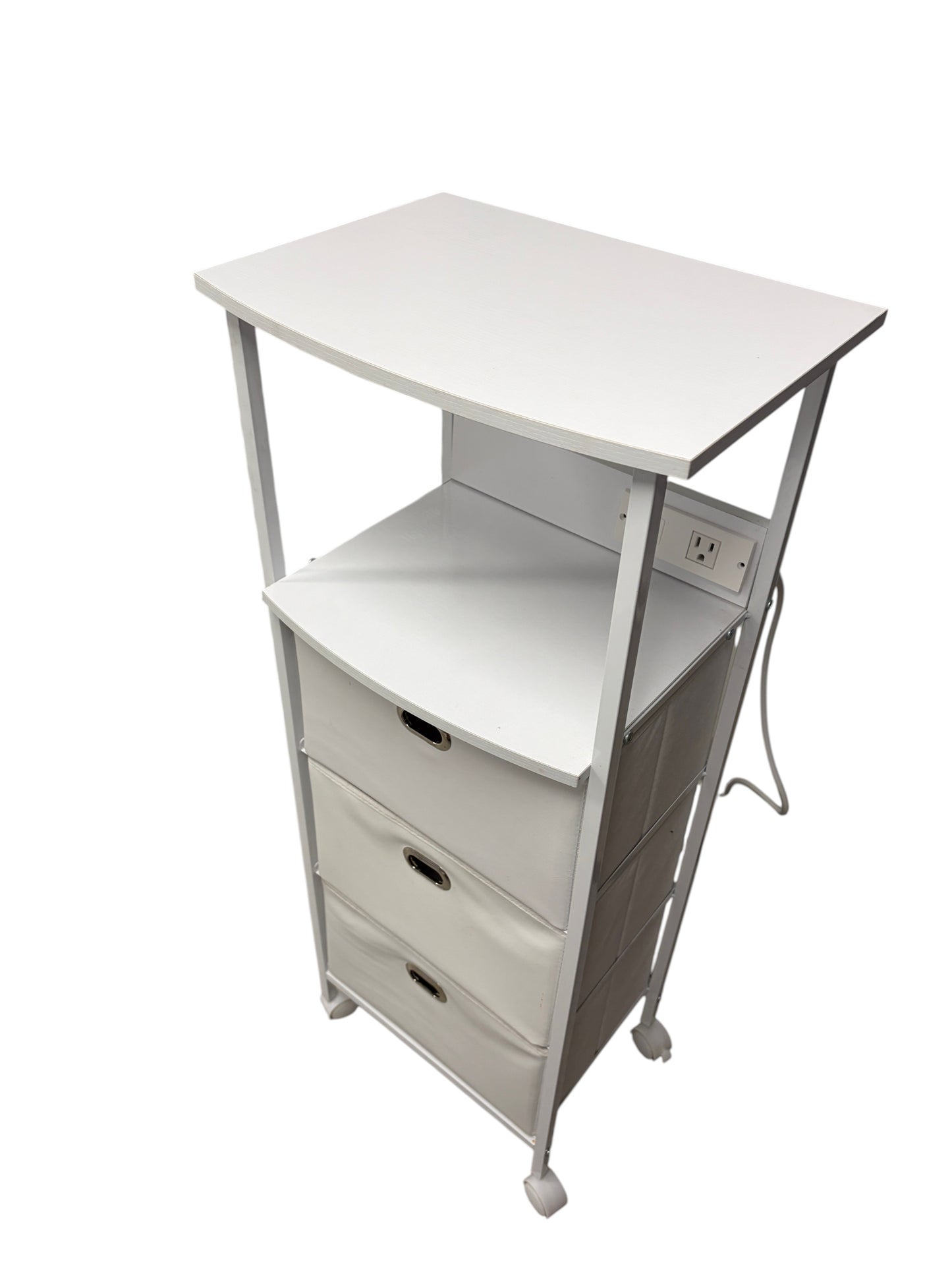 Dormify white nightstand with 3 drawers and power outlets.