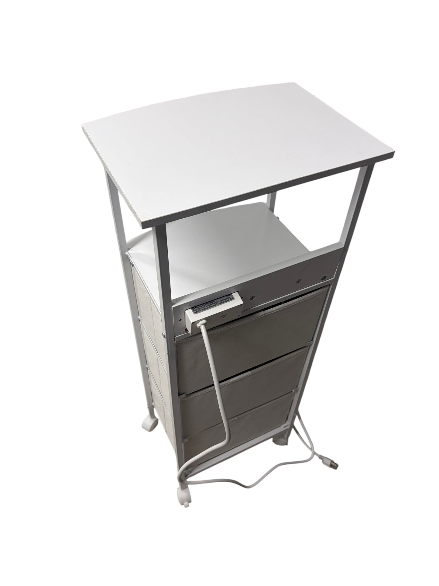 Dormify white nightstand with 3 drawers and power outlets.