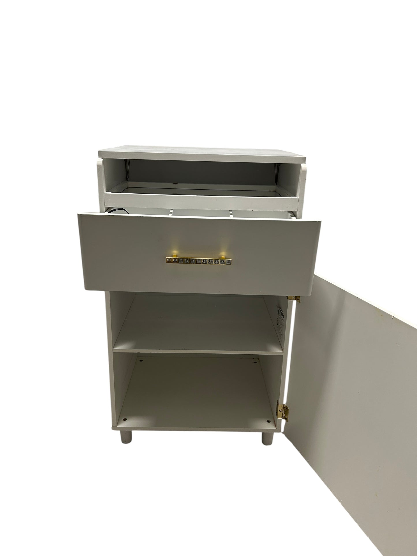 White vanity cabinet with built-in lights and mirror.