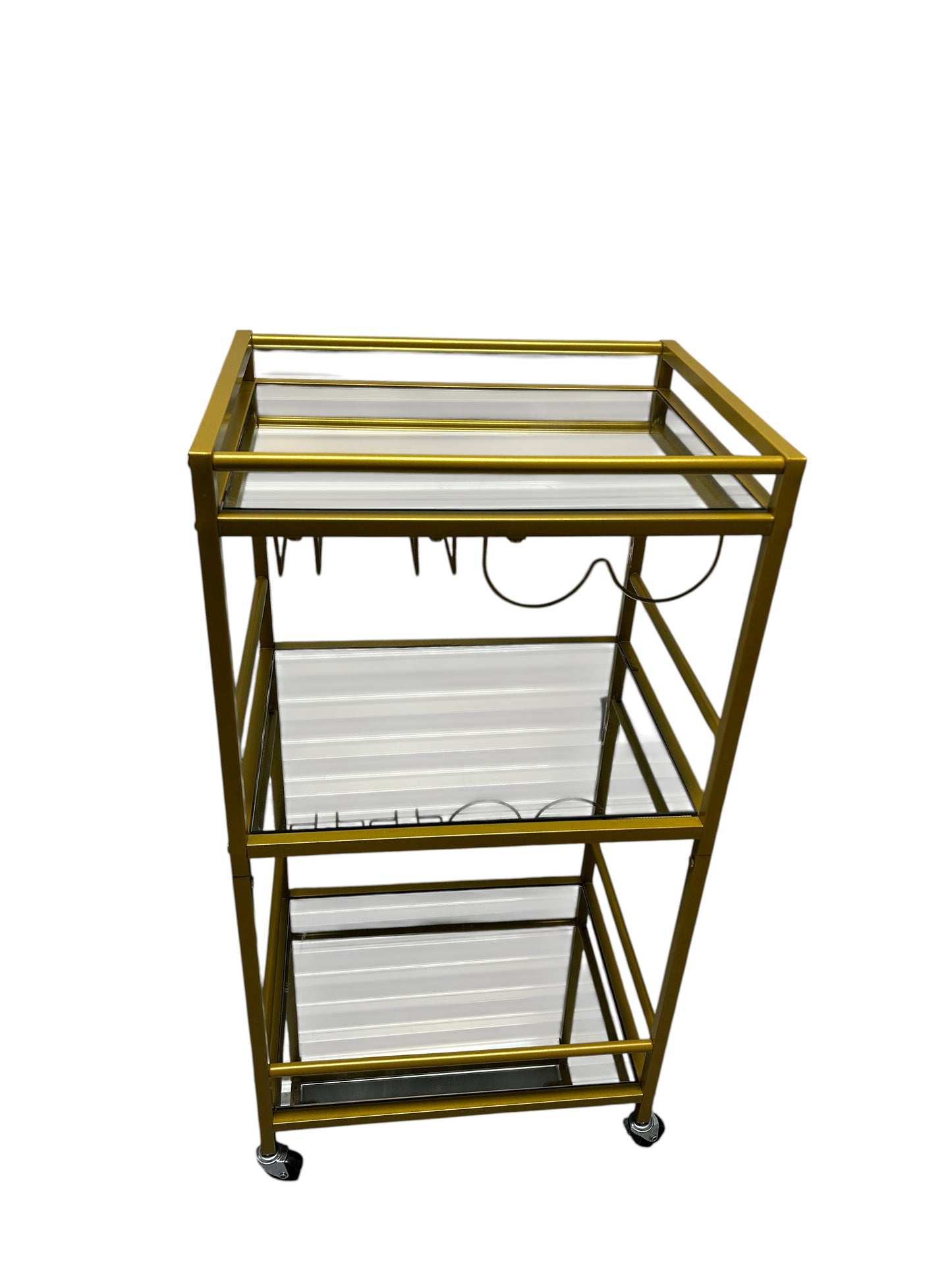 Gold bar cart with 3 glass shelves.