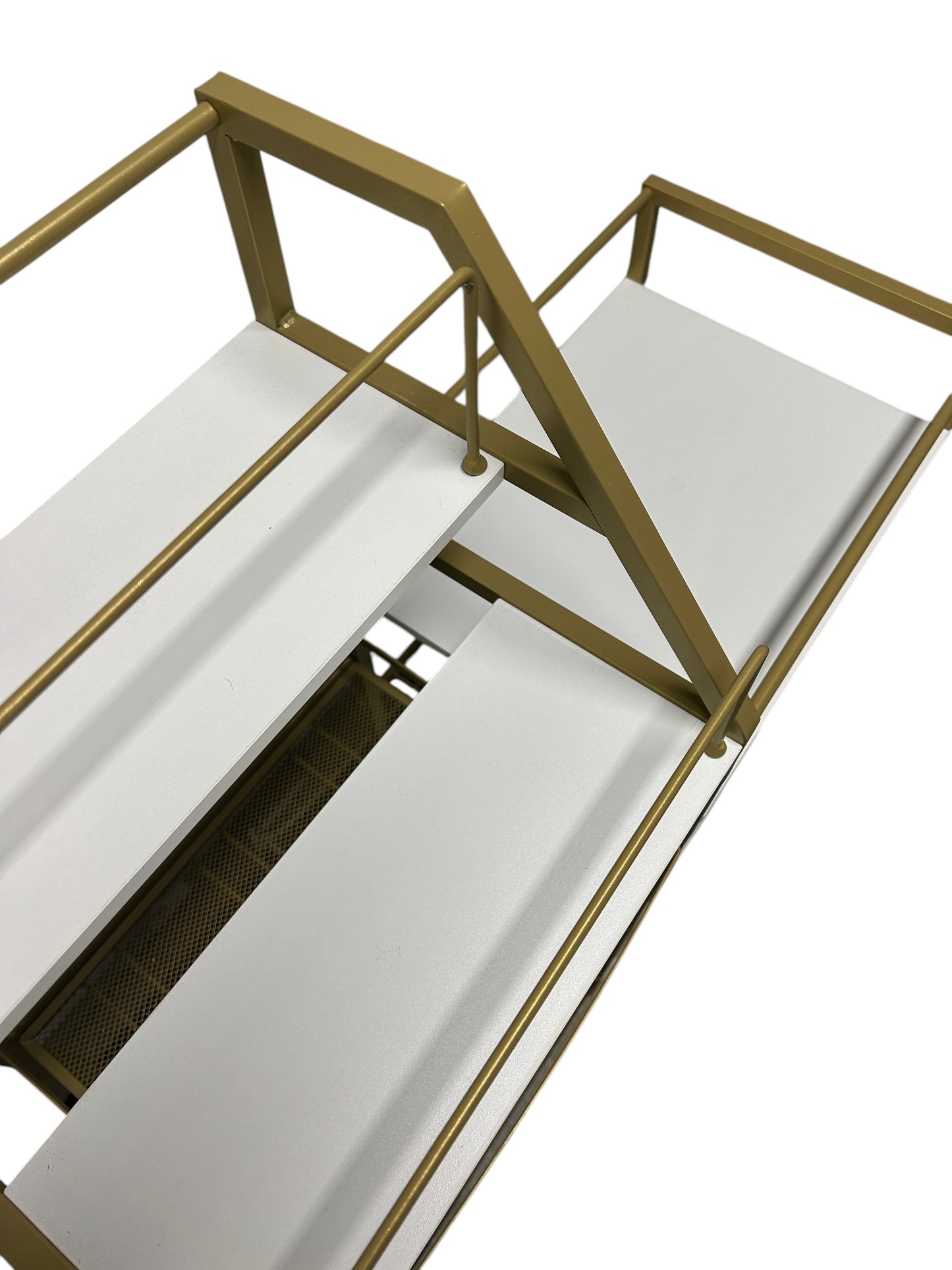 Gold and white bar cart with multiple shelving units.