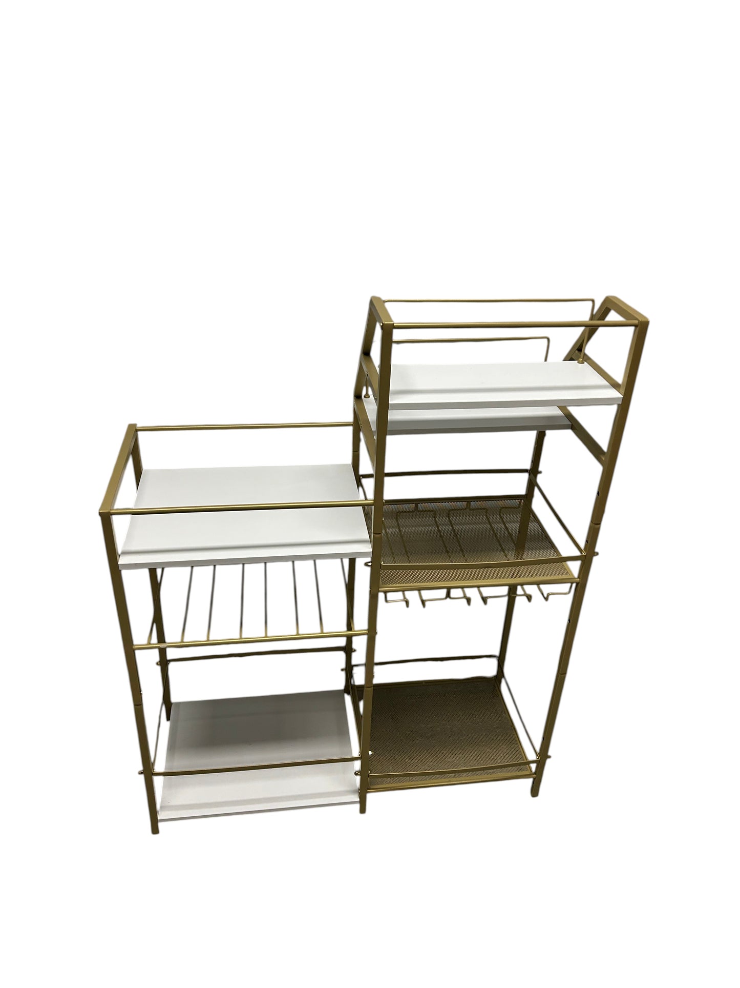 Gold and white bar cart with multiple shelving units.