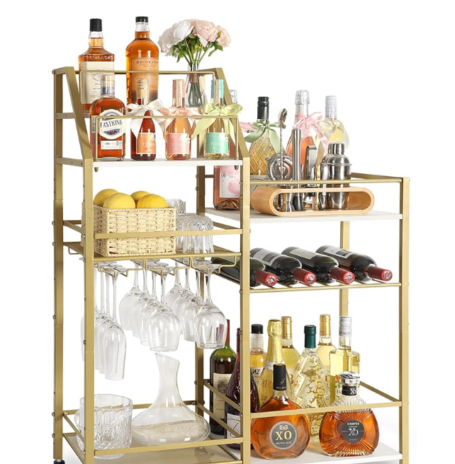 Gold and white bar cart with multiple shelving units.