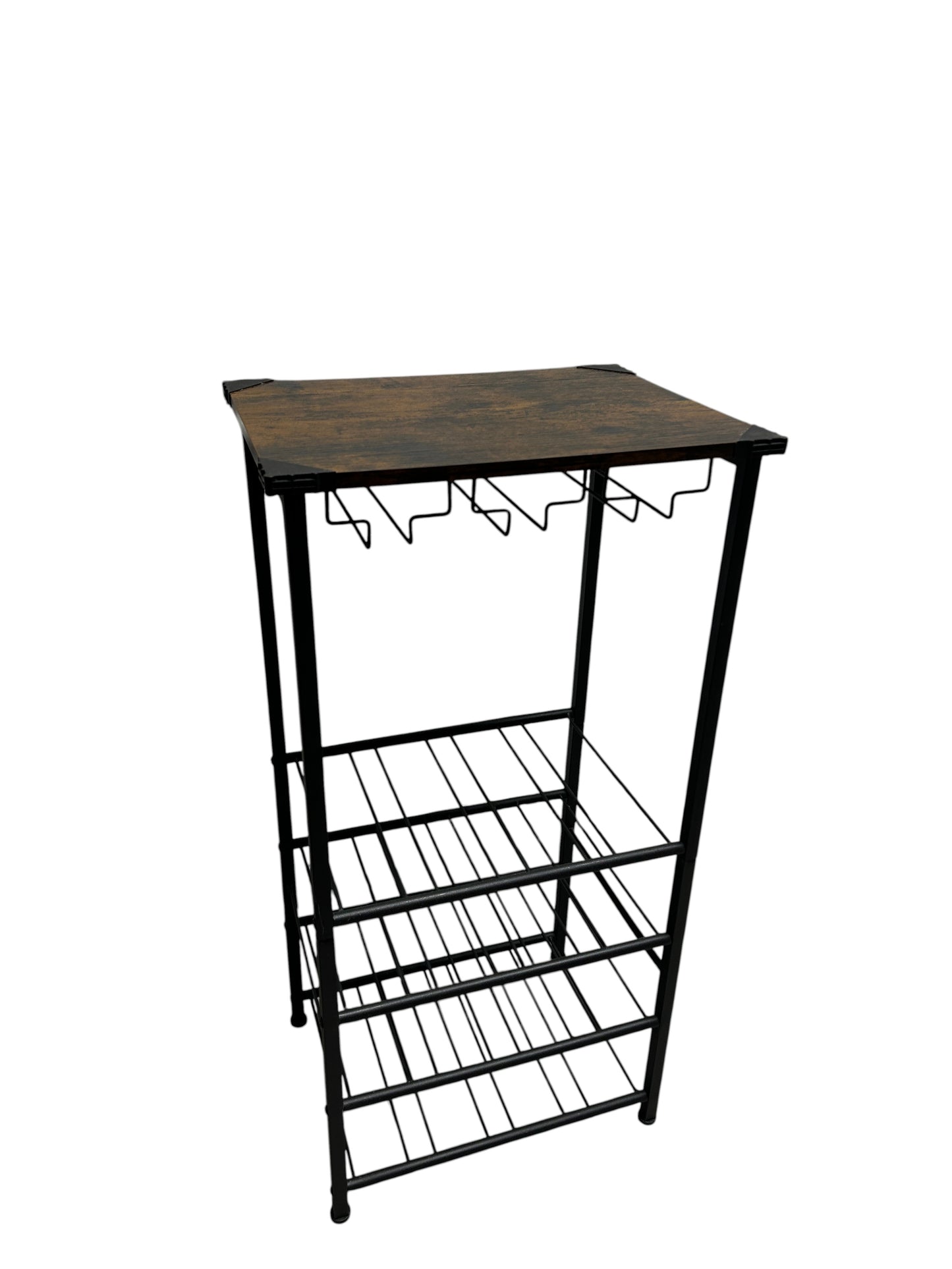Metal and wood 16 bottle wine rack with hanging hooks.