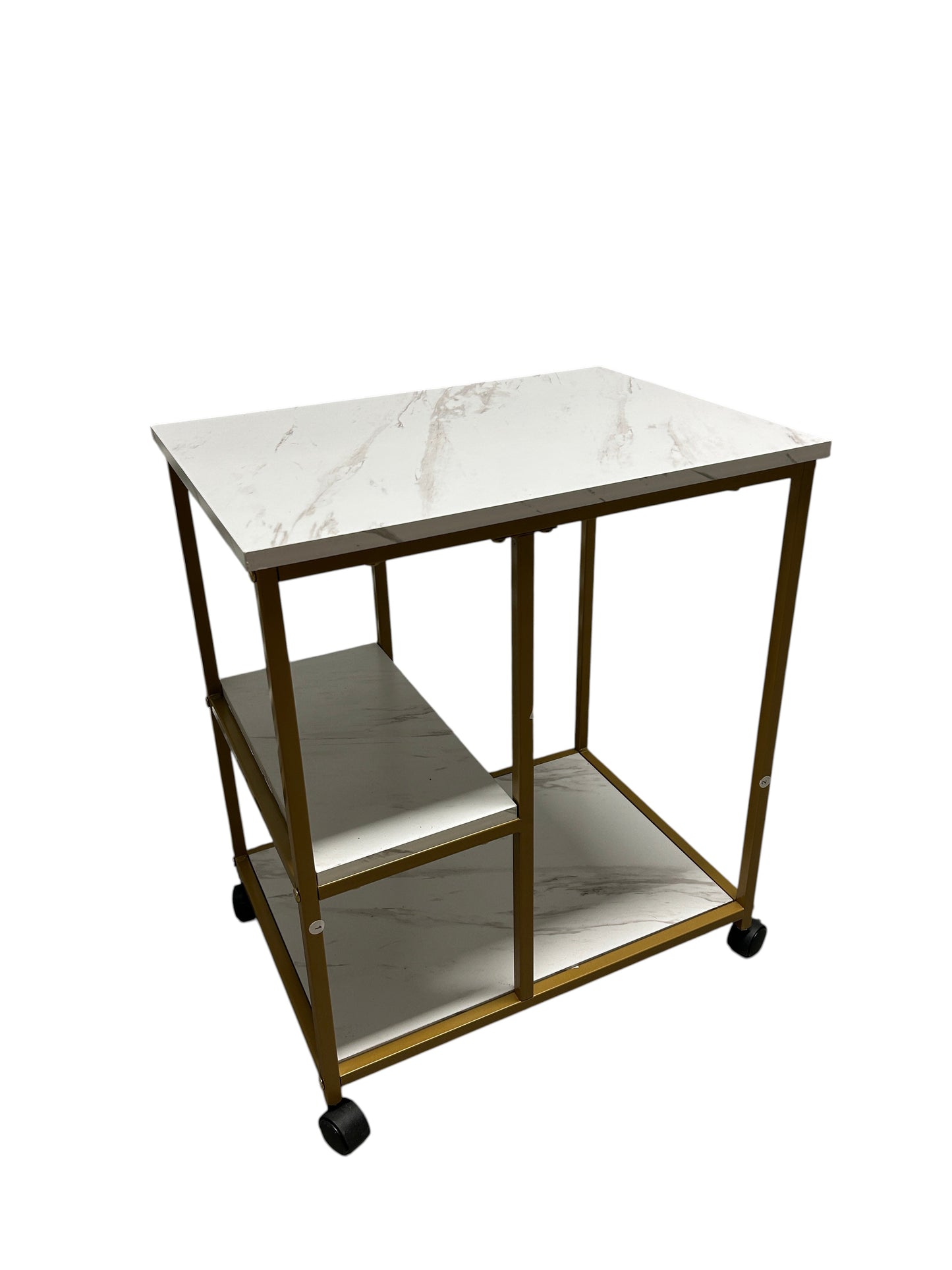 Gold bar cart with marble-like shelves.