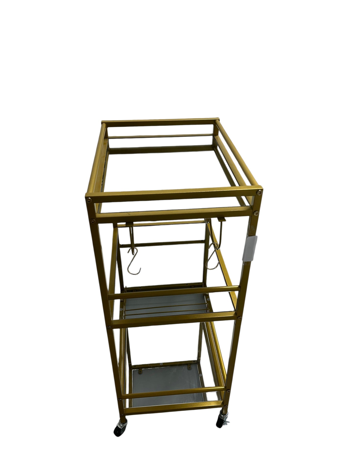 Gold bar cart with 3 glass shelves.