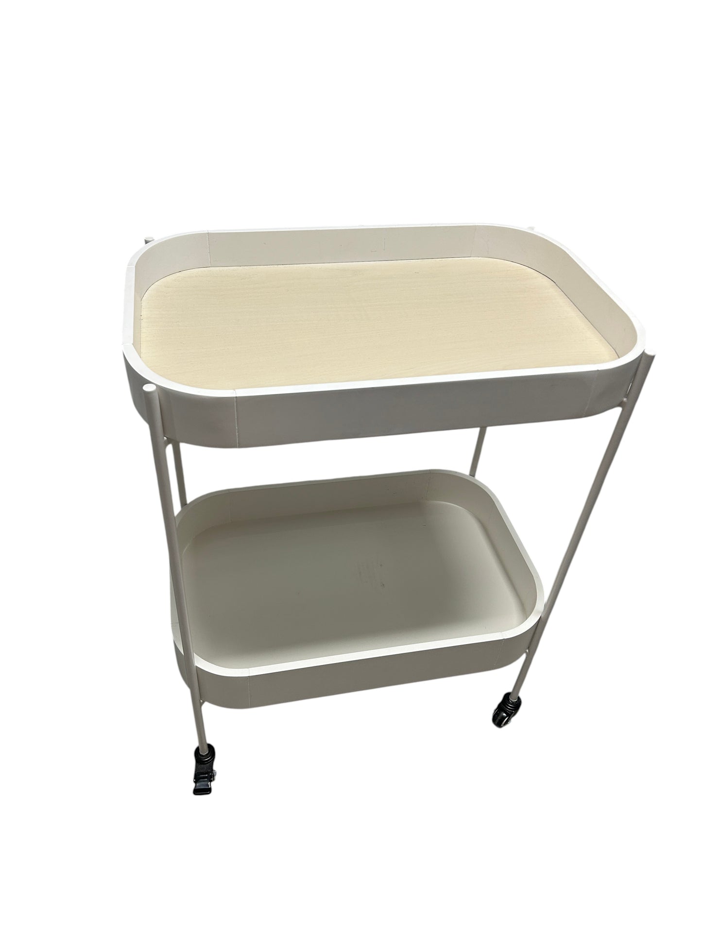 White and wooden 2 tier utility cart.