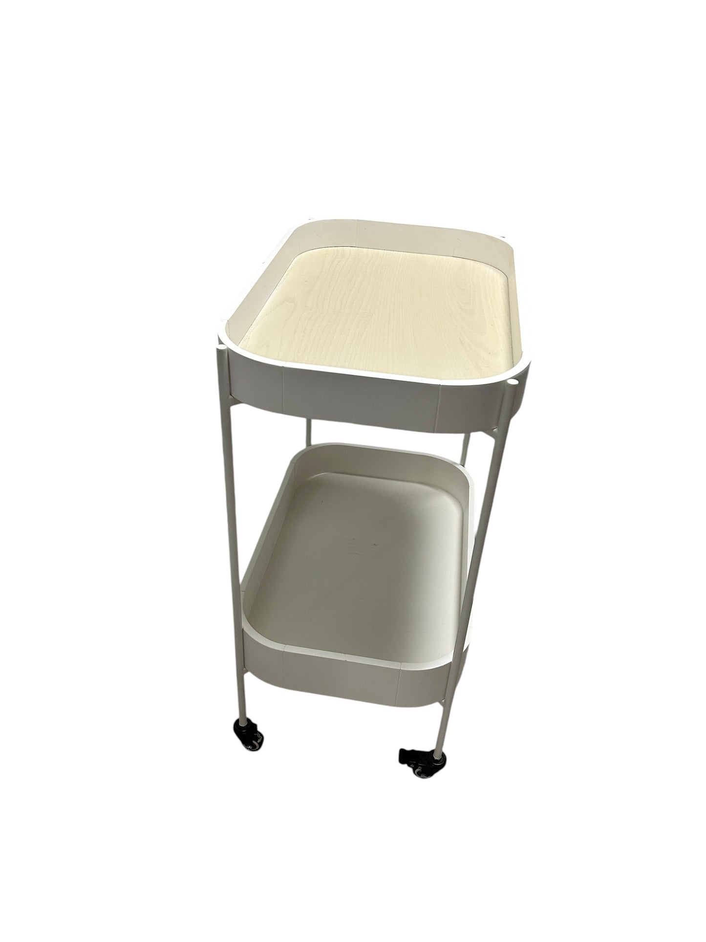 White and wooden 2 tier utility cart.